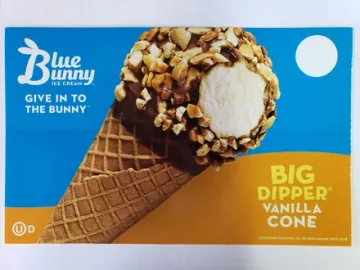 Blue Bunny Big Dipper vanilla cone topped with nuts and chocolate