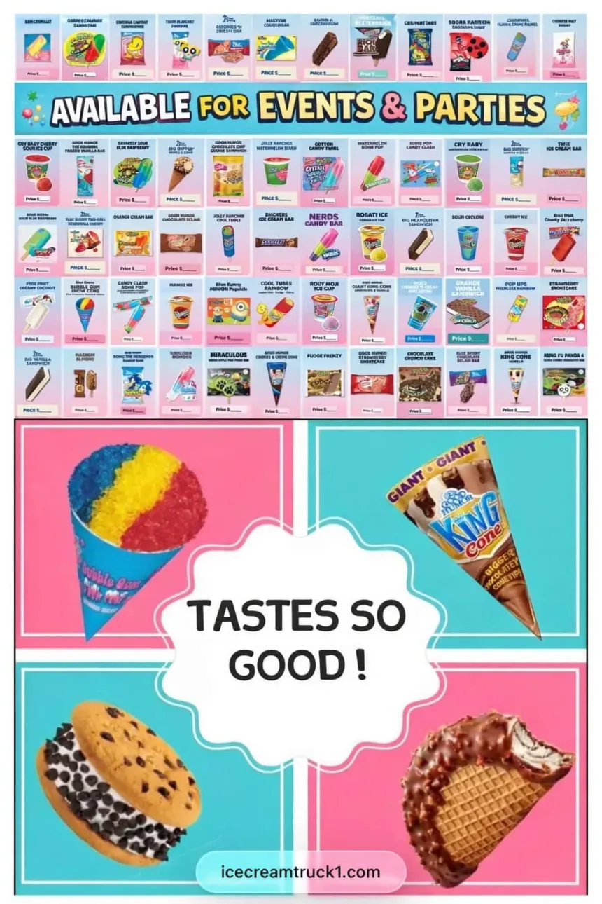 The Ice Cream Truck menu poster: rows of treats above an 'Available for events and parties' banner