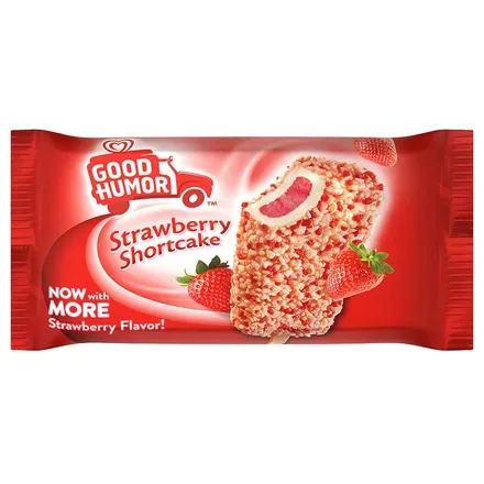 Good Humor Strawberry Shortcake bar coated in strawberry cake crumble