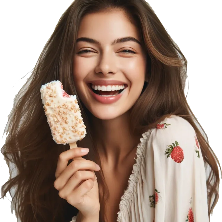 A guest smiling as she takes the first bite of a strawberry shortcake ice cream bar